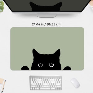 Niedliche Katze Schreibtischunterlage Mousepad Grün, schwarzes Kätzchen späht über den Rand, Kawaii Katzenliebhaber, große XXL Schreibtischunterlage xl, kleines Mauspad