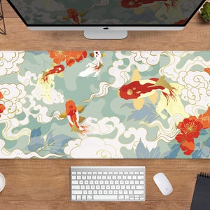 Koi Desk mat desk mat Japanese mousepad, minimal japan mousepad, gold blue anime aesthetics, xxl gaming deskmat nature mouse pad