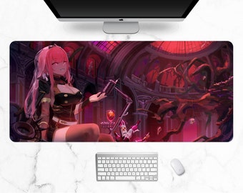 May include: An extended mouse pad featuring a detailed anime-style illustration. The artwork depicts a character in a dark outfit with pink hair, holding a microphone. The background showcases a gothic-style interior with red and purple hues.
