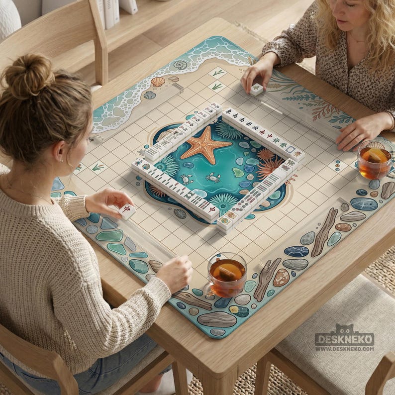 Mahjong Mat, Coastal Beach Table Mat, Cute Sea Glass Seashell Starfish Tabletop Game Pad, Ocean Board Game Cloth Protector, Travel Gift image 15