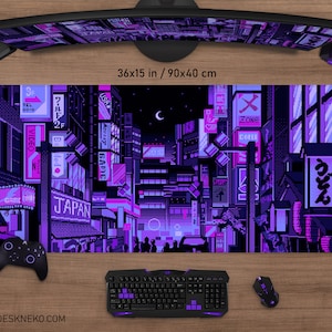 Purple Desk Mat anime Mousepad Japanese vaporwave, big xxl gaming deskmat led rgb mouse pad large XL, blue violet Cyberpunk neon Tokyo city