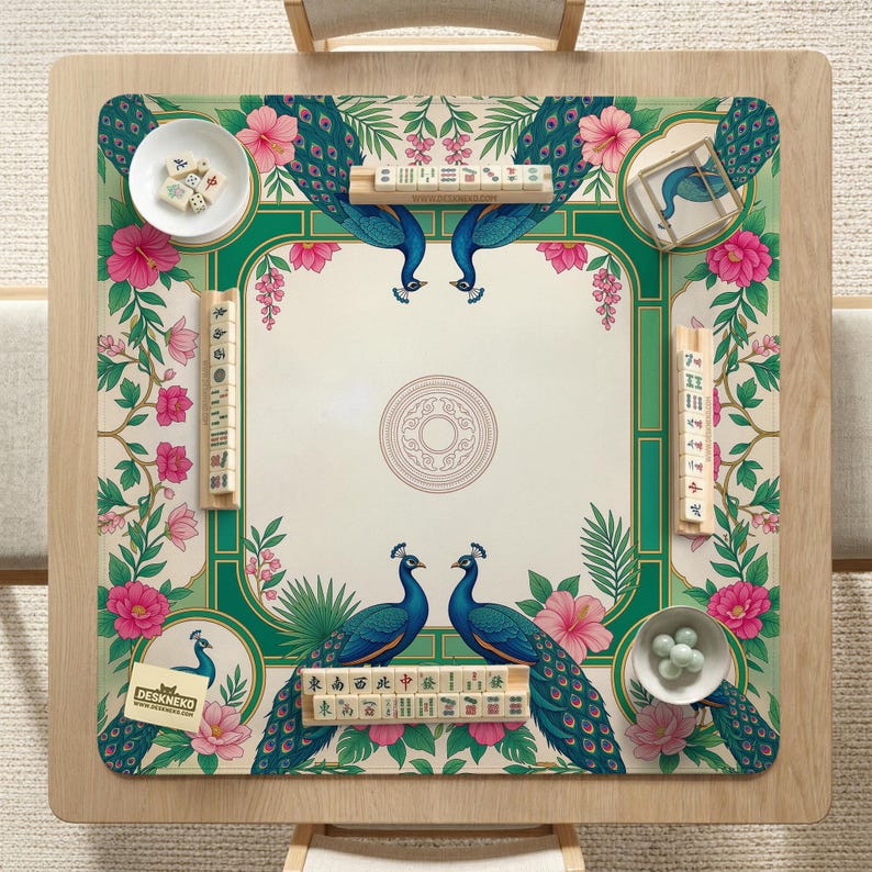Tropical Mahjong Mat, Peacock Botanical Tile Mat, Luxury Green Game Mat, American Mahjong Play Mat image 11