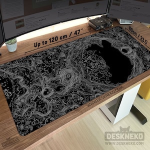 Topo Desk Mat: Moon Map Mouse pad, Topography Contour Mousepad xxl, Black Gaming Deskmat RGB LED, XL extra large play matt, Gift for gamers