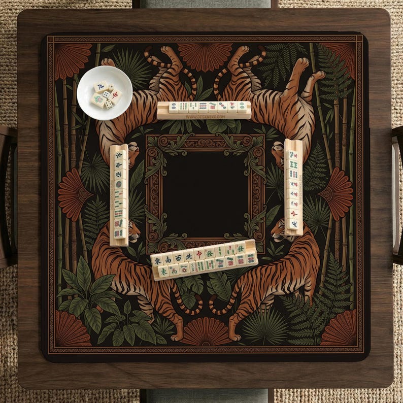 May include: A wooden mahjong table with a decorative playing surface featuring tigers, bamboo, and foliage. The table includes a bowl of dice and several sets of tiles. The color palette includes shades of brown, green, and orange.