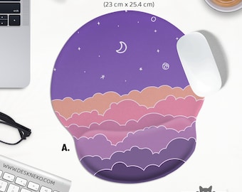 Purple Clouds Mousepad: Kawaii Mouse pad with wrist rest, Cute Anime Space desk mat, Ergonomic keyboard support matt, Pastel Aesthetic Sky