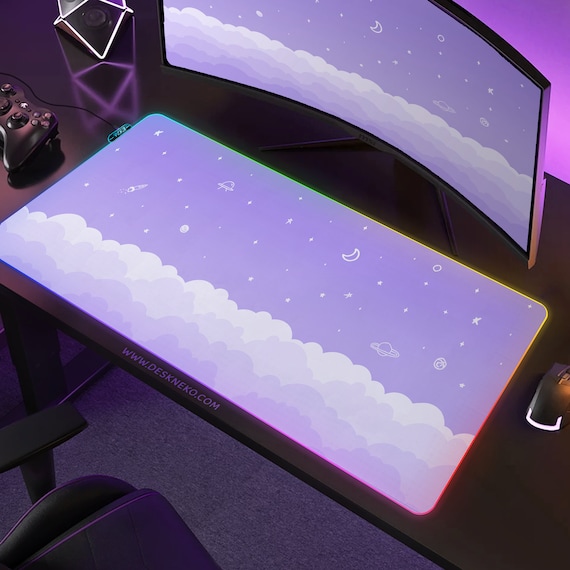 Purple Desk Mat LED, Large Mousepad Kawaii, Pastel Anime Aesthetic