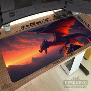 Fire Dragon Desk Mat: Fantasy Mouse pad, dnd mtg play mat, gaming mousepad led, keyboard matt xl, magic landscape deskmat, Gift for gamer