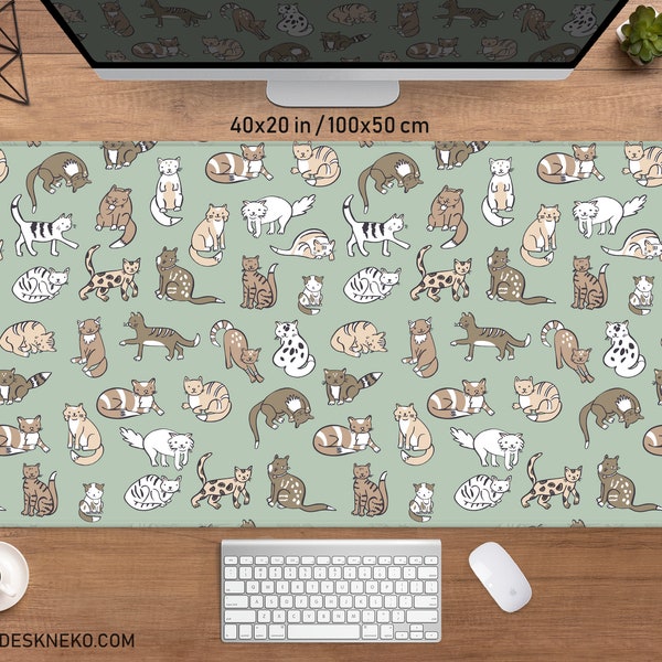 Cute cats desk mat mousepad, Sage green mouse pad, XXL gaming deskmat RGB LED, Kawaii animals, Boho minimal neutral colors, with wrist rest