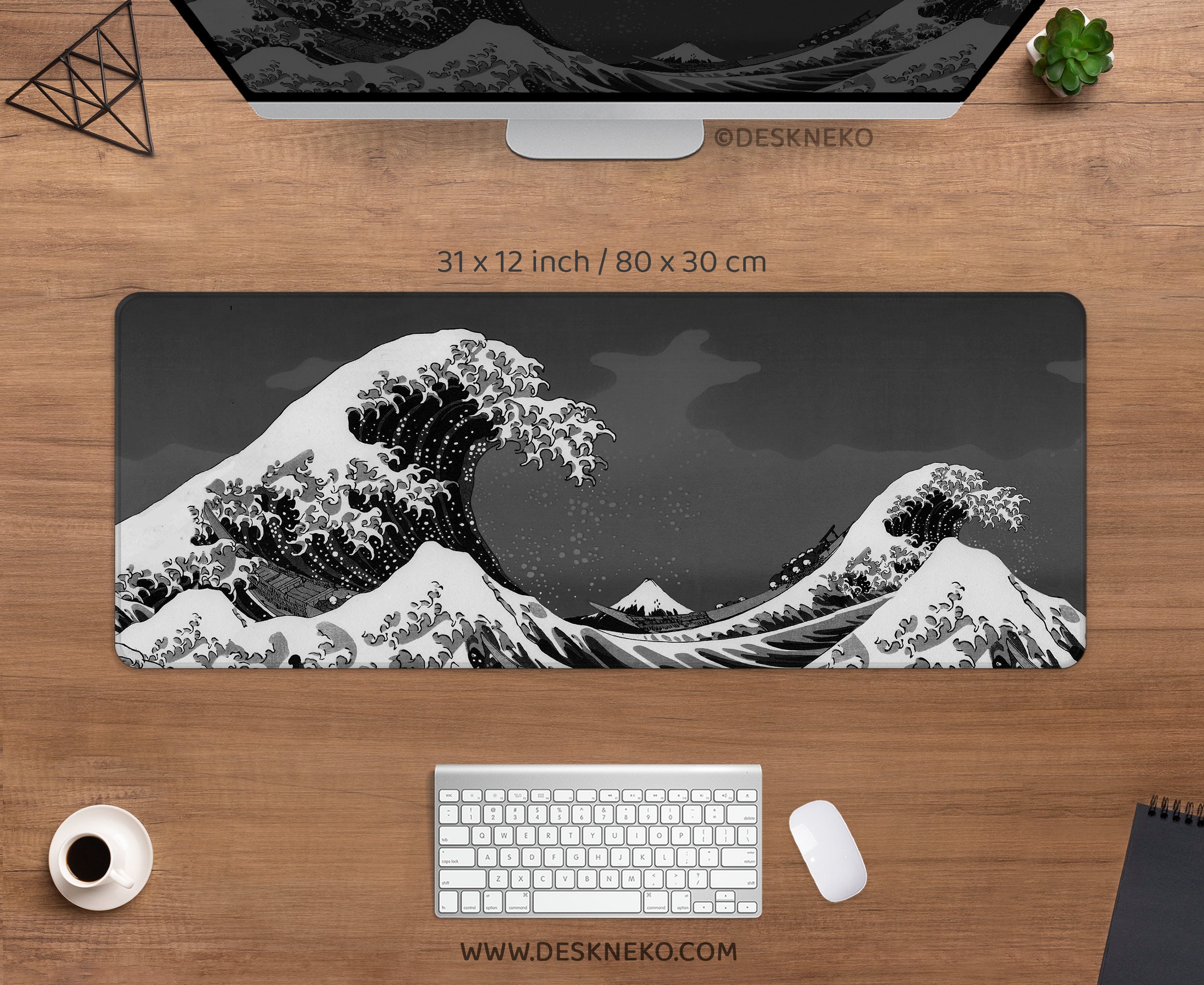 Japanese Mouse Pad Great Wave, Black and White Gaming Desk Mat RGB LED,  Japan Aesthetic Grey Mousepad Large Wrist Rest, Xl Keyboard Deskmat 