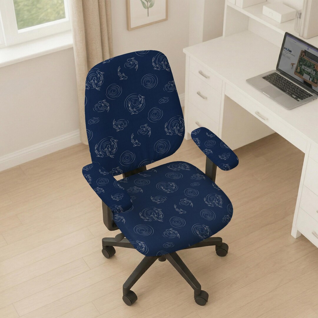 Schreibtischstuhlbezüge, Stretch waschbarer elastischer Bezug, Universal Stuhlschoner mit Armlehnen, Navy Koi Home Office Drehstuhlabdeckung