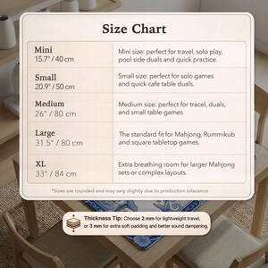 May include: A beige size chart for a game mat with text listing sizes from Mini at 15.7 inches to XL at 33 inches. It includes descriptions for each size category and a thickness tip section noting options for 2 mm or 3 mm material thickness.