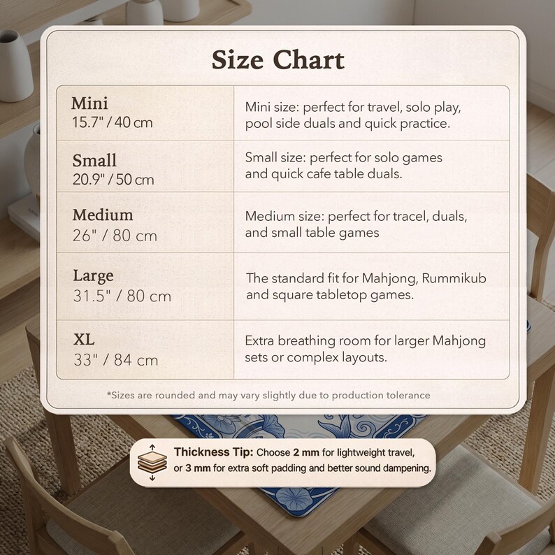 May include: A beige size chart for a game mat with text listing sizes from Mini at 15.7 inches to XL at 33 inches. It includes descriptions for each size category and a thickness tip section noting options for 2 mm or 3 mm material thickness.