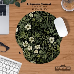 Dark Green Mouse Pad, Botanical Mousepad round, Ergonomic Keyboard Wrist Rest, Deskmat mouse mat small, Nature Desk Decor Accessory gift