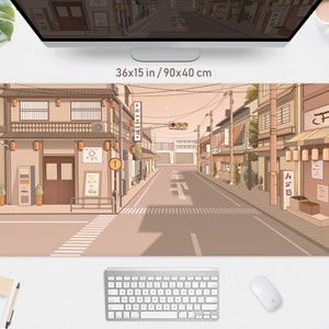 Anime Street Desk Mat Mousepad, xxl gaming deskmat mouse pad, Japanese alley tokyo city, kawaii Aesthetic village beige golden hour sunset