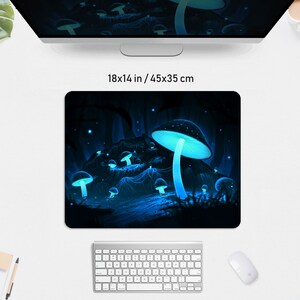 May include: A rectangular mousepad featuring a fantasy scene with glowing blue mushrooms in a dark forest. The mousepad measures 18x14 inches.