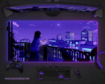 Purple Desk Mat Anime Aesthetic Mouse Pad, RGB LED Gaming Deskpad dark blue sky, stars moon cute kawaii kawai XXL large deskmat mouse pad