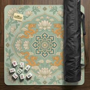 Mahjong Table Mat, Sage Green Lotus Dragon Mahjong Mat, Decorative Game Table Cloth, American Chinese Mahjong Playmat, Travel image 17