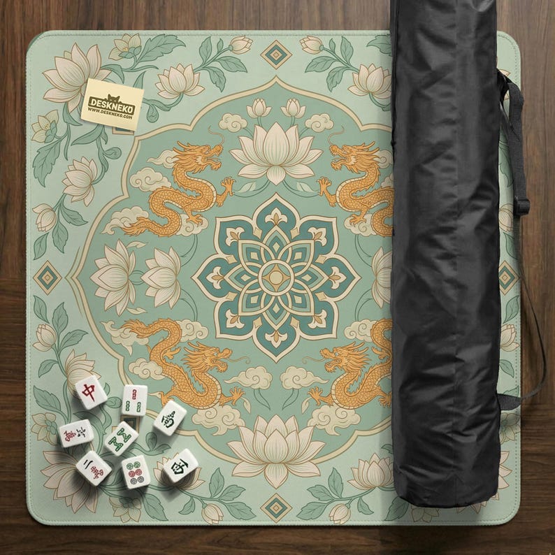 Mahjong Table Mat, Sage Green Lotus Dragon Mahjong Mat, Decorative Game Table Cloth, American Chinese Mahjong Playmat, Travel image 17