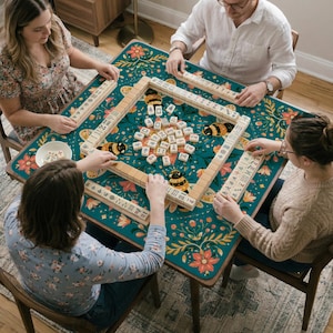 May include: A square mahjong mat featuring a dark teal background with a colorful floral pattern and bumblebee illustrations. The mat is laid out on a table with four players arranging ivory-colored mahjong tiles in a square formation.