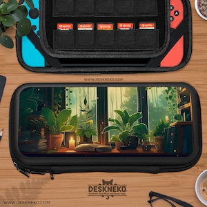 Cosy Lofi Plants Case voor Nintendo Switch, Game card slot cartridge houder Witchy hard shell skin dock cover, groen lite/oled draagtasje