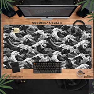 Great Wave Desk Mat, Japanese Mouse Pad XL, Black and white, Large Gaming Mousepad, Extended rgb deskmat led xxl, office computer decor gift