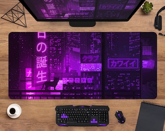 Alfombrilla de ratón con diseño de Tokio neón, alfombrilla de escritorio con diseño de horizonte urbano, alfombrilla de escritorio de anime japonés morado, alfombrilla de ratón para juegos XXL con diseño de gato retro morado, varios tamaños