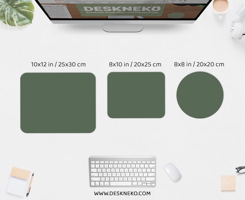 May include: Three green desk pads in different shapes and sizes: a 10x12 inch rectangle, an 8x10 inch rectangle, and an 8x8 inch circle. The pads are displayed with a keyboard, mouse, and a computer monitor. The website address is www.DESKNEKO.COM.