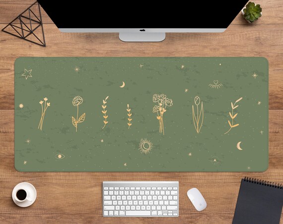 Tappetino da scrivania con foglie di palma verde e oro, tappetino per mouse da gioco, grande base in gomma antiscivolo con bordi cuciti, 80 x 40 cm