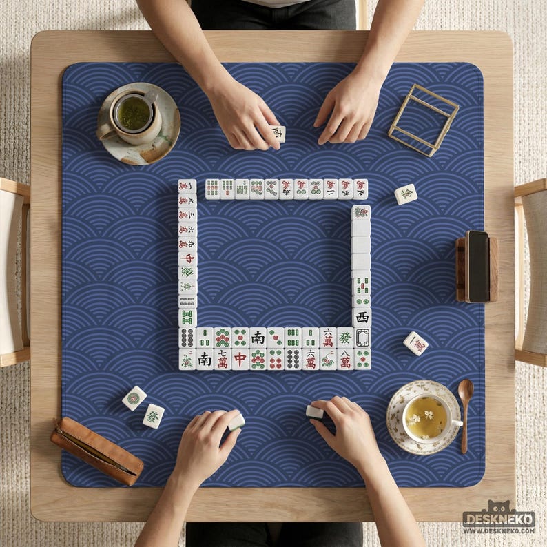 Mahjong Pattern Board Mahjong Mat, Navy Blue Seigaiha Wave Tabletop Protector, Japanese ...