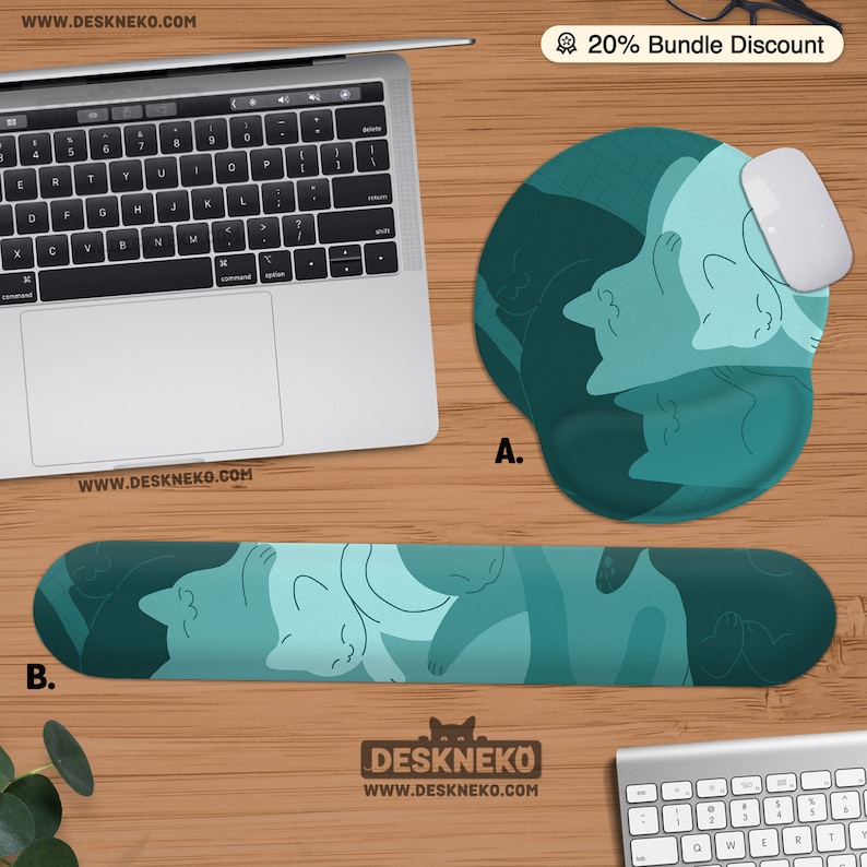 Teal Cats Desk Mat Mouse Pad, Green Mousepad Cute, Kawaii Cat Deskmat xl, Extra Large XXL, Extended table matt led, Aesthetic Office Decor Bundle A+B (20% off) inches