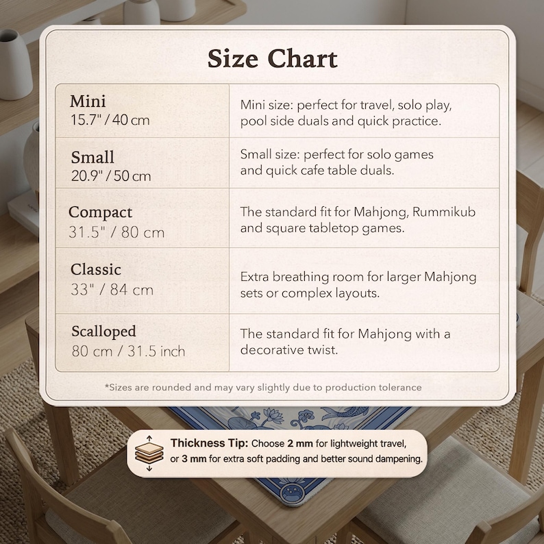 May include: A size chart for Mahjong game mats, with measurements in inches and centimeters. Sizes range from Mini (15.7 inches / 40 cm) to Classic (33 inches / 84 cm), and Scalloped (31.5 inches / 80 cm). Includes a thickness tip for lightweight travel.