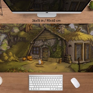 Witchy Forest desk mat cottagecore mousepad cute, Green Mushroom cabin cottage whimsical fairycore, witch mousepad xl, xxl gaming deskmat