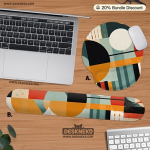 Abstract Mouse pad: Art Deco Mousepad with wrist rest, Boho 60s 70s 80s desk mat, Ergonomic keyboard support matt, Retro cubism painting