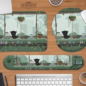 Gemütliche Katze Mousepad mit Handballenauflage, niedliches ergonomisches Mauspad grün Natur, Tastaturhandauflage weich, Witchy Cottagecore ästhetische Mausmatte