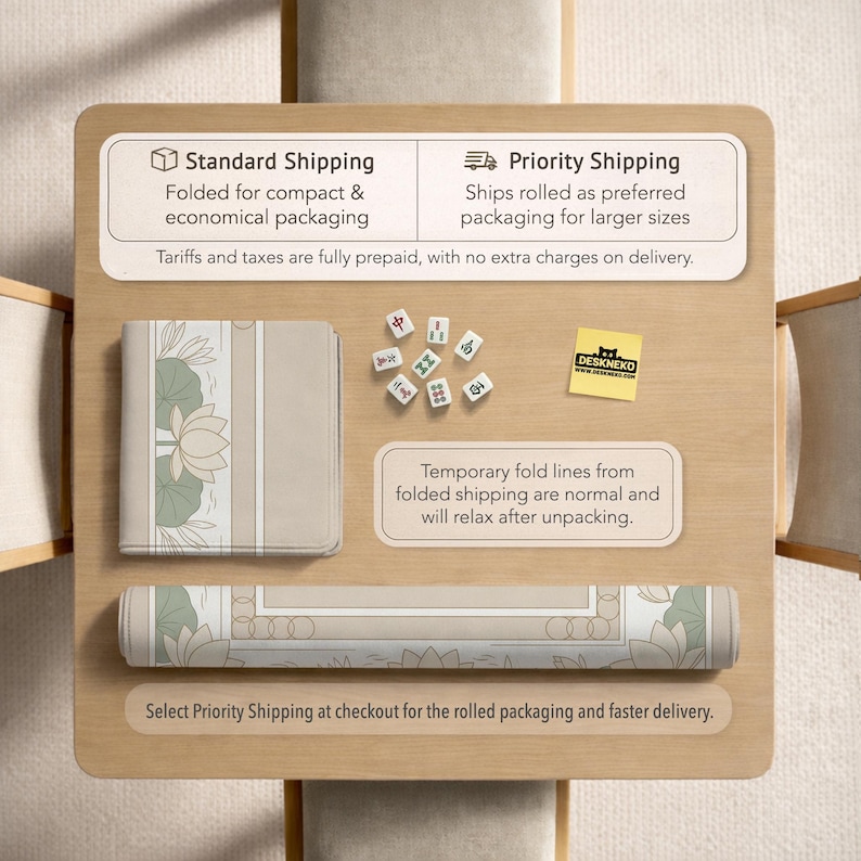 May include: A rolled-up beige and green desk mat with a floral design, next to a folded mat with the same design. The image also shows mahjong tiles and a "DESKNEKO" sticker on a wooden surface.
