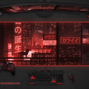 Red Gaming Mousepad Desk Mat, Neon Tokyo Street Japanese City, XXL Extended Anime Mouse Pad, lofi Extra large xl keyboard Deskmat for gamers