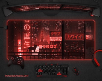 Red Gaming Mousepad Desk Mat, Neon Tokyo Street Japanese City, XXL Extended Anime Mouse Pad, lofi Extra large xl keyboard Deskmat for gamers