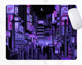 Cyan Vaporwave Mousepad, Neon Tokyo Street Desk Mat, 8bit Pixel