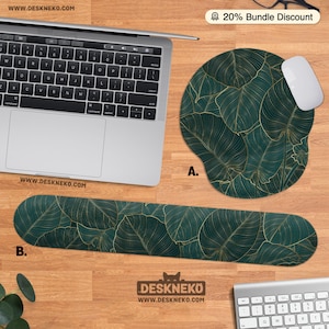 Gold Green Mouse pad: Ergonomic Keyboard wrist rest, Art Nouveau desk mat large, Deco Plants deskmat mousepad, Tropical Leaf Aesthetic Gift