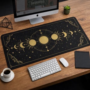 Moon Phases Desk Mat: Celestial Mousepad xl, Gold Black lunar cycle chart, stars astrology horoscope desk mat, mystical zodiac mouse pad