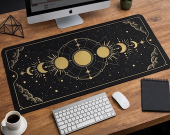 Moon Phases Desk Mat: Celestial Mousepad xl, Gold Black lunar cycle chart, stars astrology horoscope desk mat, mystical zodiac mouse pad