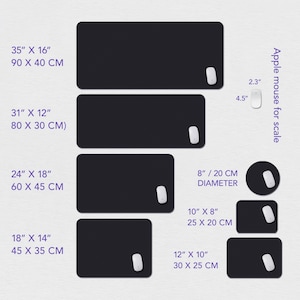 May include: A collection of black rectangular and circular mouse pads in various sizes, ranging from 35" x 16" to 10" x 8" and 8" diameter. Each pad has a white mouse on it. An Apple mouse is shown for scale.