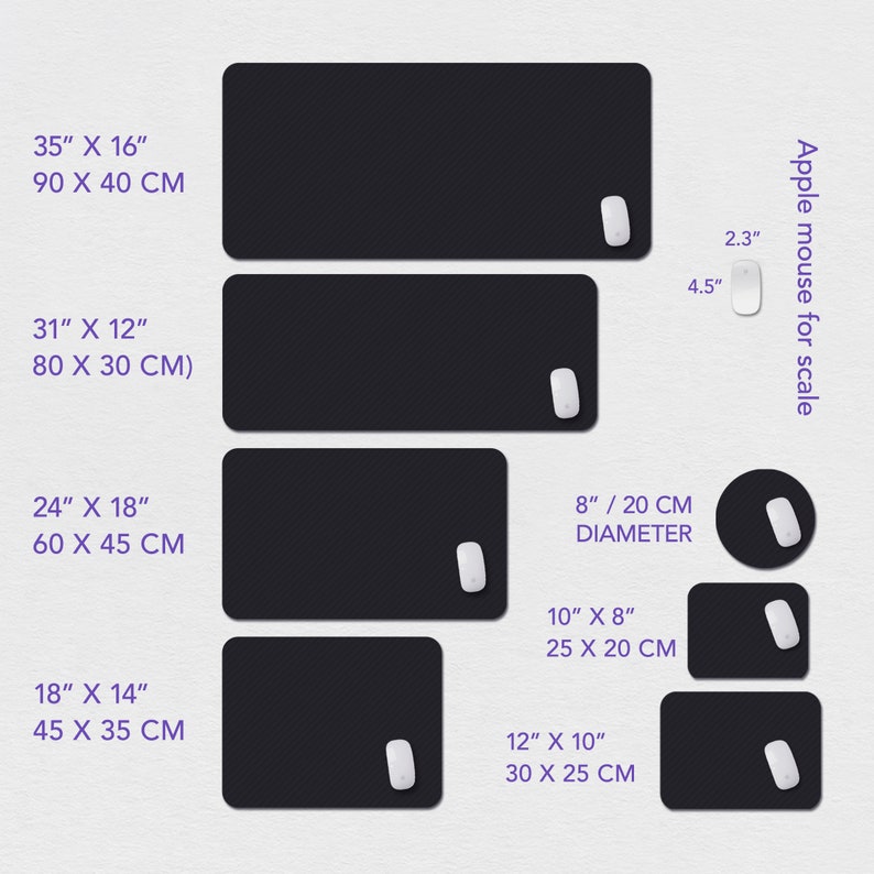 May include: A collection of black rectangular and circular mouse pads in various sizes, ranging from 35" x 16" to 10" x 8" and 8" diameter. Each pad has a white mouse on it. An Apple mouse is shown for scale.
