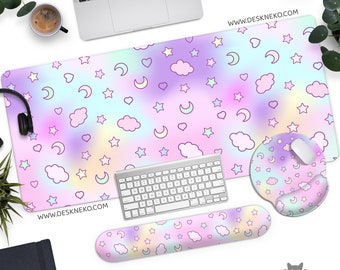 Kawaii Desk Mat pastel pink, Cute Mouse Pad, Kawai Aesthetic space clouds, Xxl Gaming Deskmat LED, Extended Mousepad XL, Large Keyboard Matt