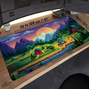Valley Desk Mat: Play Mat Mouse pad, Nature Mountains Sun Star Farm, Playmat Mousepad large, XL Keyboard Deskmat, Cute Lofi Lo-Fi Scenery