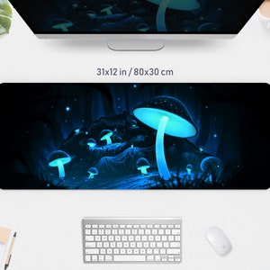 May include: A black desk mat with a glowing blue mushroom design. The mat measures 31 x 12 inches. The design features several mushrooms with bright blue caps and stems, set against a dark, forest-like background. The text "31x12 in / 80x30 cm" is visible.