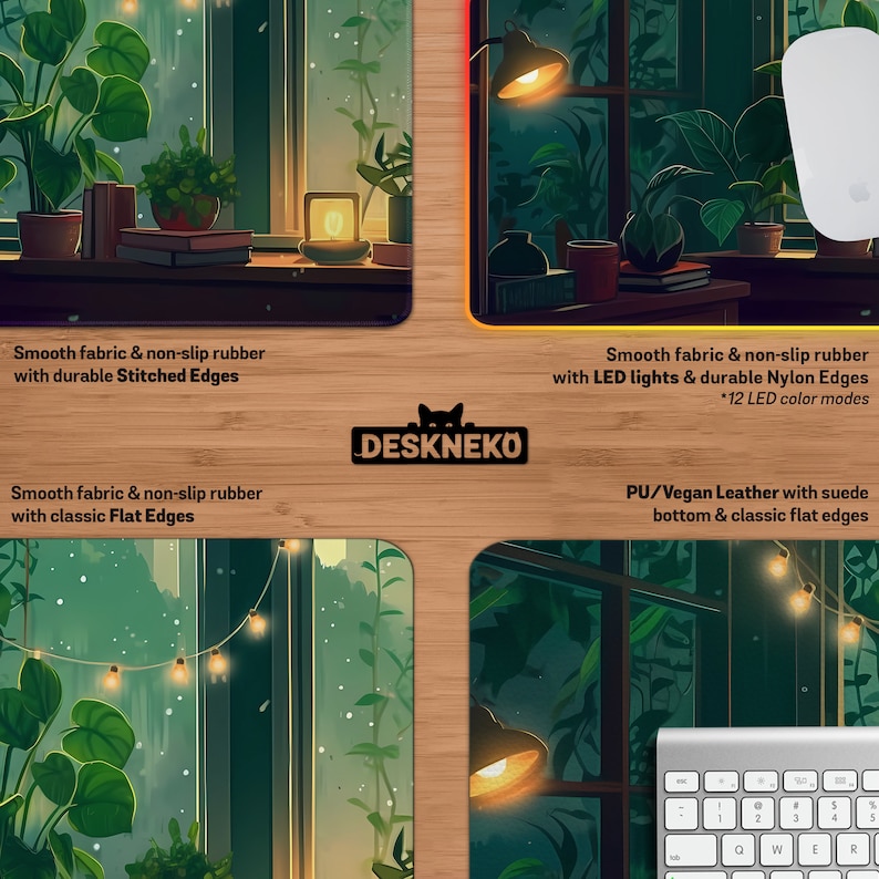 May include: Four different desk mats with various features are displayed. The mats feature a nature-themed illustration with a window view. The mats have different edge styles and materials, including LED lights and vegan leather. The brand name "DESKNEKO" is also visible.