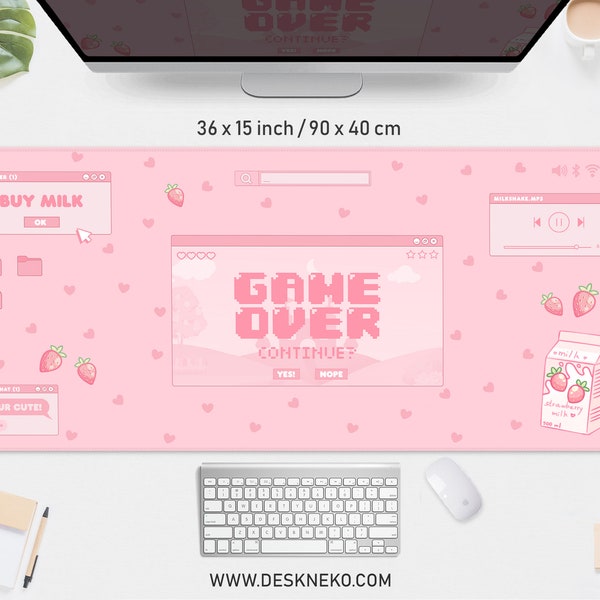 Pink desk mat kawaii, Cute mousepad anime, xxl gaming deskmat RGB led, Pastel strawberry milk game over custom, Aesthetic mouse pad xl big