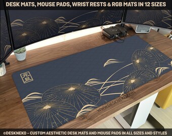 Japanese Desk Mat Large, navy grey gold waves Mousepad, Japan art seal umbrella minimal abstract, Large XXL Gaming Deskmat RGB LED mouse pad