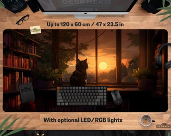 LoFi Anime Desk Mat: Mouse pad, Warm Lo-fi cat Art, XXL Gaming Mousepad extra large, XL Extended Keyboard Deskmat led, Cozy Sunset Aesthetic